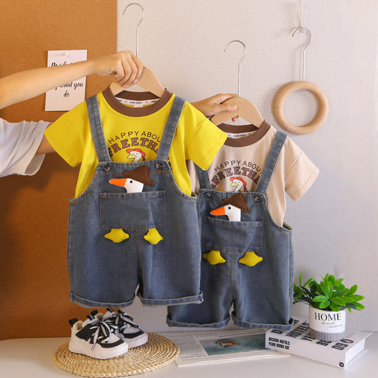 Boys' Summer Outfit 2026 New Fashionable Baby Duck Denim Overalls Short Sleeve Two-Piece Set for Toddlers