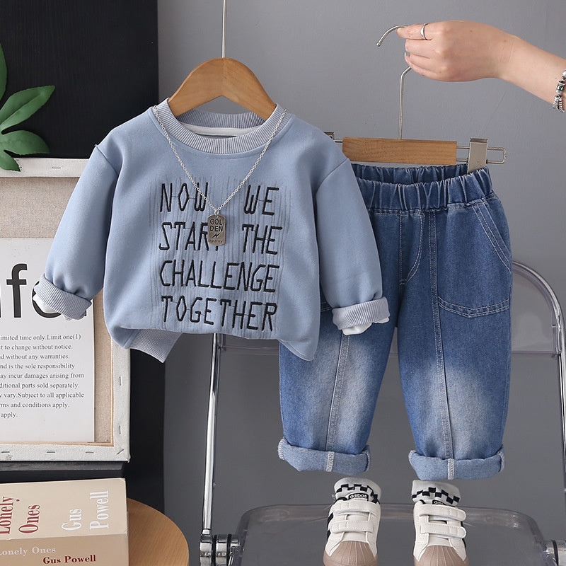 Boys' Outfit Spring and Autumn 2026 New Fashionable Children's Casual Embroidered Letter Sweatshirt Two-Piece Set Trendy