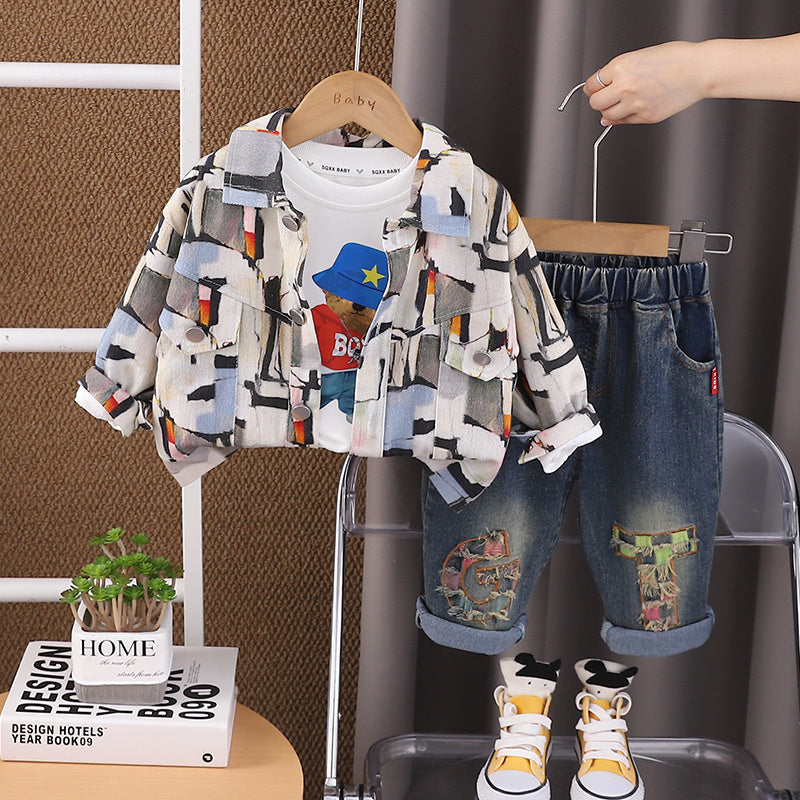 Boys' Outfit Children's Graffiti Workwear Stylish 1-2-3-4 Years Old Baby Spring Autumn Three-Piece Set One Piece Dropshipping
