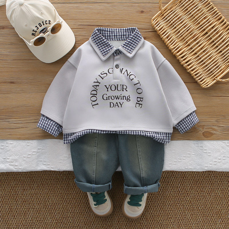 Baby Boy Spring Outfit, Boys' Plaid English Collar Two-Piece Set, Infant and Toddler Clothing, 2026 New Model