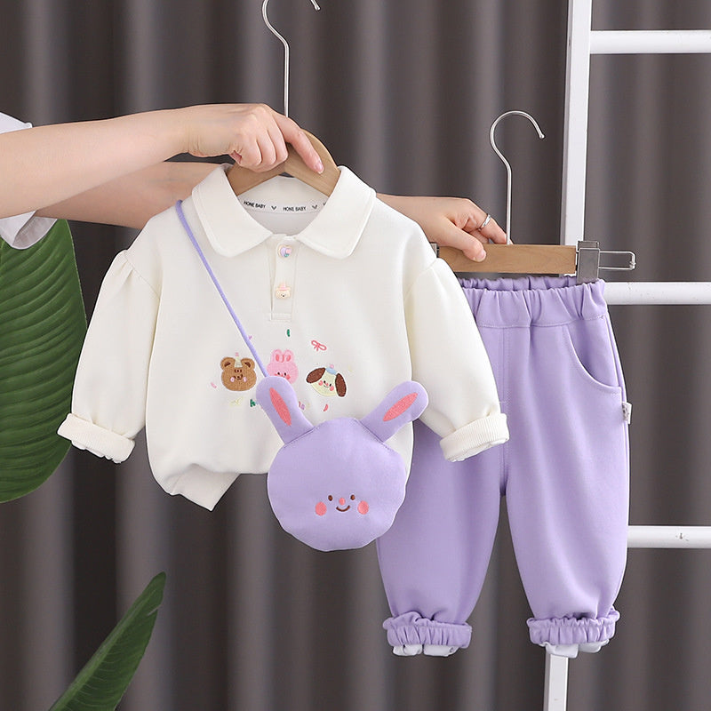 Girls' Outfit Turn-Down Collar Sweatshirt 2025 New Toddler Baby Spring Autumn Bunny Polo Crossbody Bag Two-Piece Set