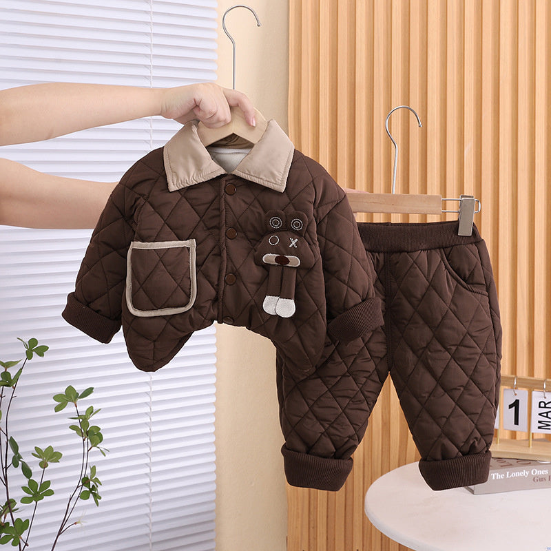 Boys' Autumn and Thickened Jacket with Fleece, Baby Cartoon Plaid Two-Piece Set, Trendy Children's Winter Outfit