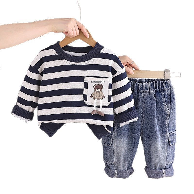 Boys' Suit and Autumn 2026 New Fashionable Children's Long Sleeve Striped Pocket Bear Logo Two-Piece Set Baby Spring Outfit
