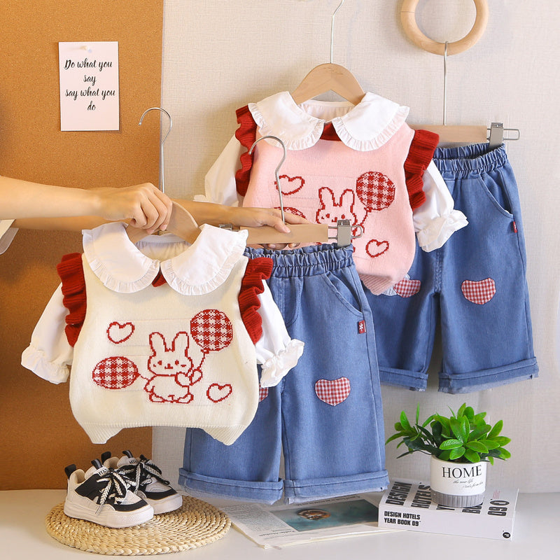 Girls' Bunny Lace Sweater Set, 2026 New Fashionable and Stylish Baby Girl Spring Outfit, Children's Autumn Clothing
