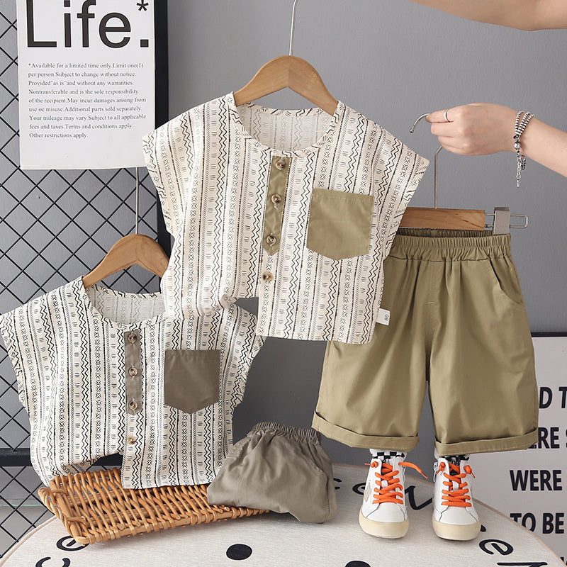 Baby Summer 2026 New Fashionable Children's Thin Cardigan Cotton Short-Sleeve Shorts Two-Piece Set Trendy