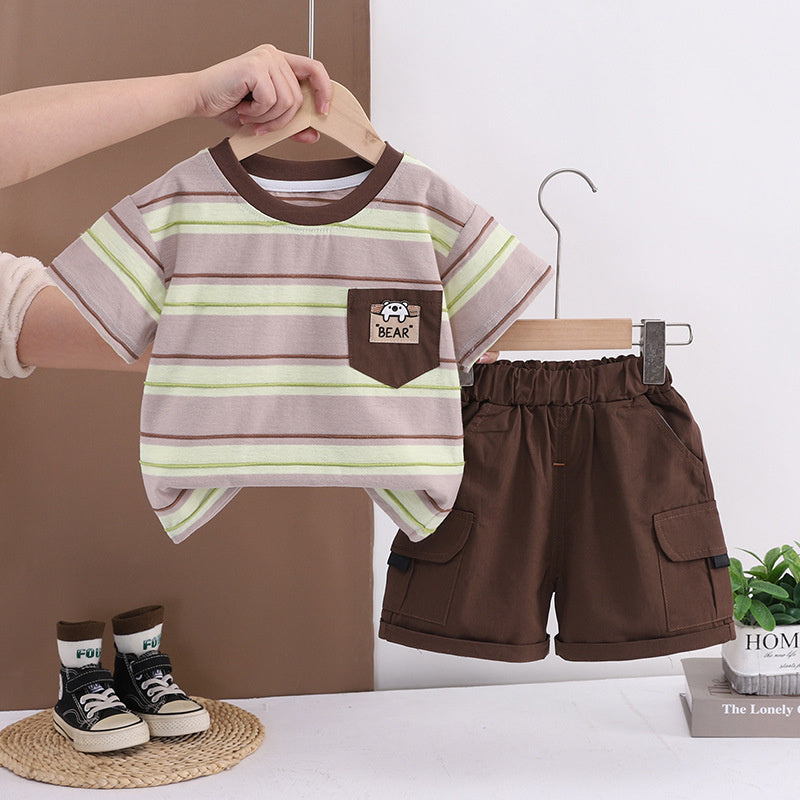 Children's clothing boys' outfit 2026 new style children's summer pocket striped short-sleeve two-piece set baby clothes