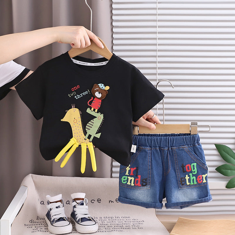 Boys' Outfit Cartoon Giraffe Animal Short Sleeve Two-Piece Set 2026 New Fashionable Baby Summer Children's Clothes