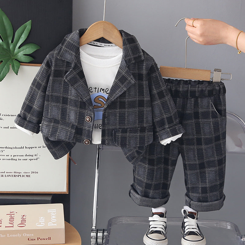 Children's Outfit Boys' Casual Plaid Suit Stylish One-Year-Old Baby Spring and Autumn Three-Piece Set Infant Toddler