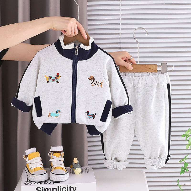 Boys' Stylish Outfit 2025 Spring and Autumn New Fashionable Baby Korean Style Cartoon Dog Patch Sports Two-Piece Set