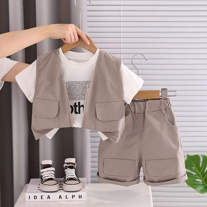 Boys' Summer Outfit 2026 New Fashionable and Stylish One-Year-Old Solid Color Vest Short Sleeve Three-Piece Set for Toddlers