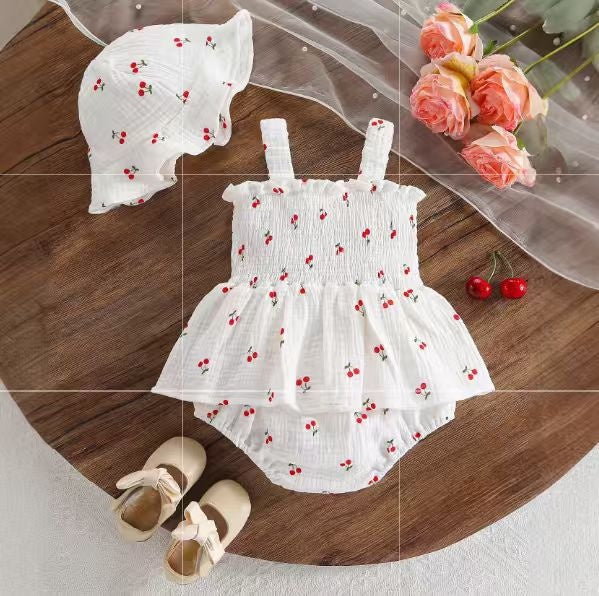 Baby Summer Romper Sweet Floral Strap Sleeveless Onesie Cute Triangle Crawling Suit with Hat