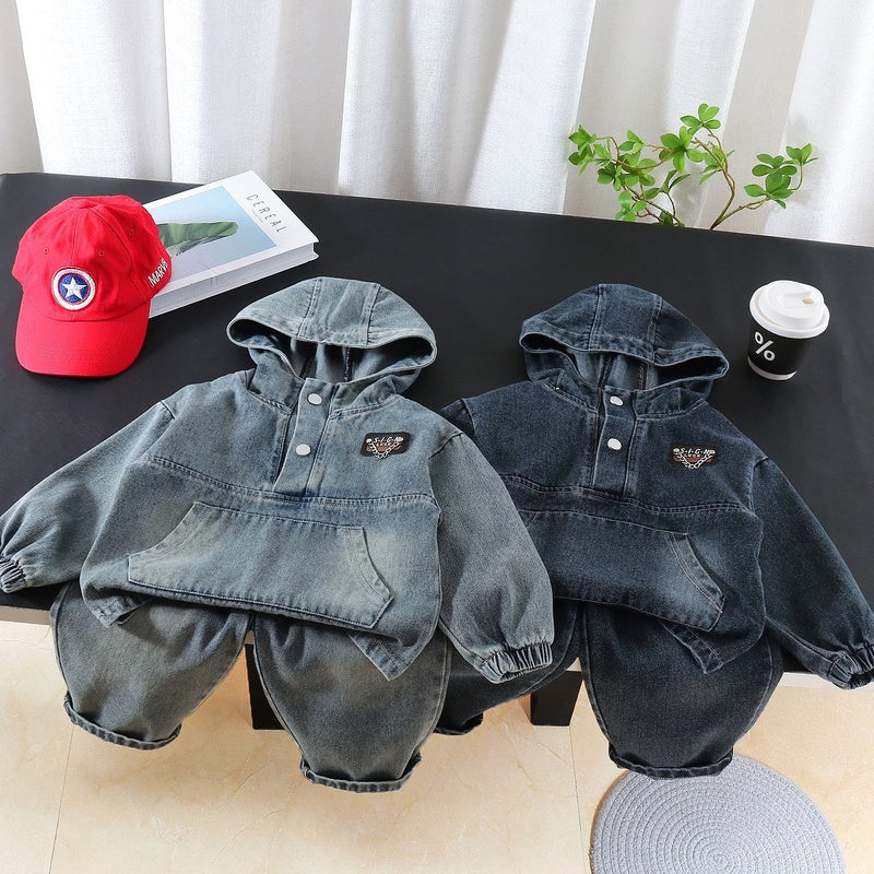 Boys' Outfit Spring Autumn 2026 New Fashionable Baby Boy 4-6 Years Old Children's Solid Color Hoodie and Denim Two-Piece Set