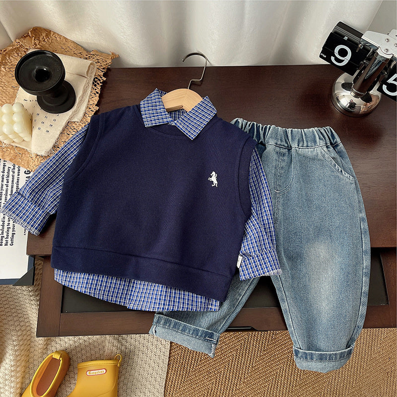 Boys' Suit 2025 New Fashionable Baby Vest Small Plaid Three-Piece Set Spring and Autumn Infant Trendy