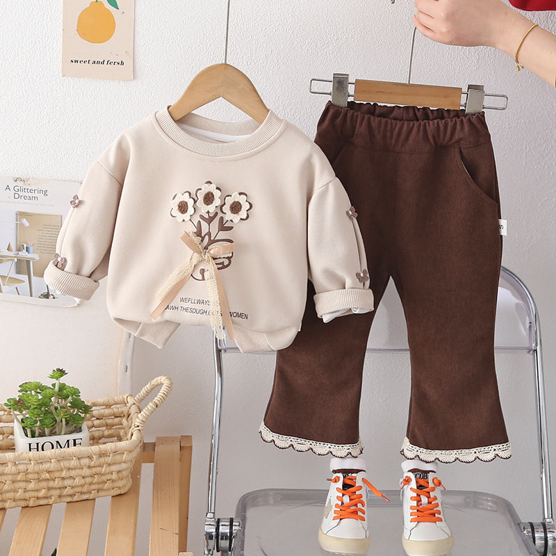 Girls' Outfit 2026 New Baby Spring Fashion Stylish Children's Long Sleeve Small Flower Bow Sweatshirt Two-Piece Set