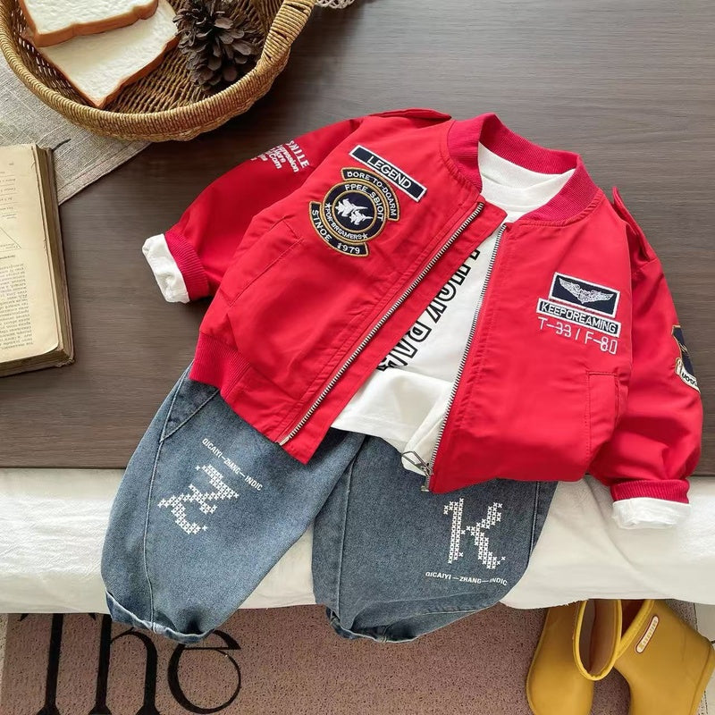 Boys' Outfit 2025 New Children's Spring and Autumn Stylish Baseball Jacket Long Sleeve Three-Piece Set for Babies