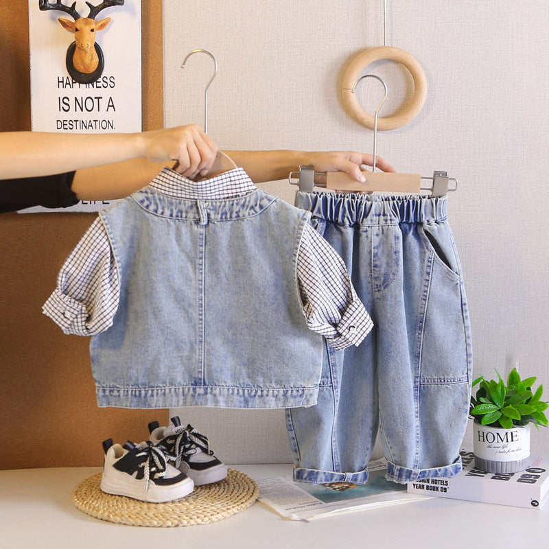 Boys' Outfit 2026 New Set: 4-Plaid Shirt, Denim Vest, Three-Piece Set Spring and Autumn, Stylish for 1-Year-Old Baby