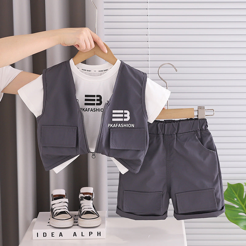 New stylish summer clothing boys, children's clothes for summer, boys' three-piece workwear set, baby short-sleeve suit