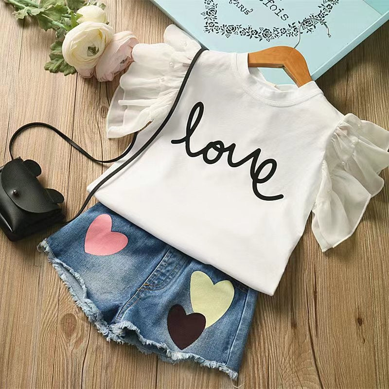 Summer Hot-Selling Girls' Outfit Korean Style Children's Denim Shorts + T-Shirt Short Sleeve Two-Piece Set Kids' Clothing