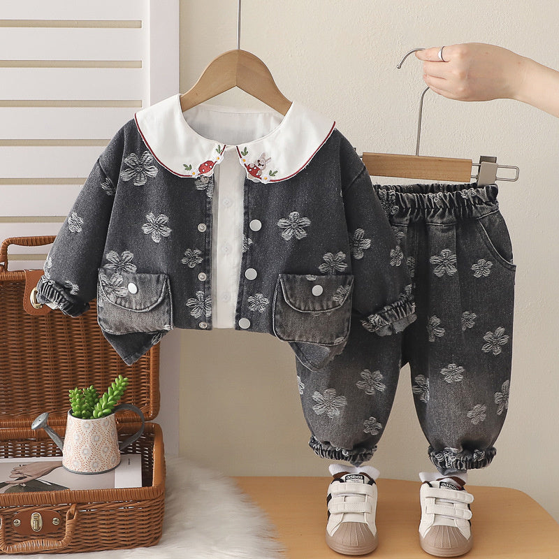 Girls' Spring and Autumn Petal Denim Outfit 2026 New Fashionable Korean Style Three-Piece Set for Young Girls