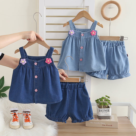 Baby Girl Denim Suspender 2026 New Children's Clothing Floral Two-Piece Set for Girls Summer Outfit