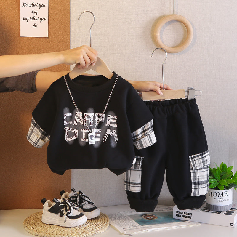 Boys' outfit stylish and fashionable letter necklace two-piece set baby spring trendy sweatshirt toddler clothing children's wear
