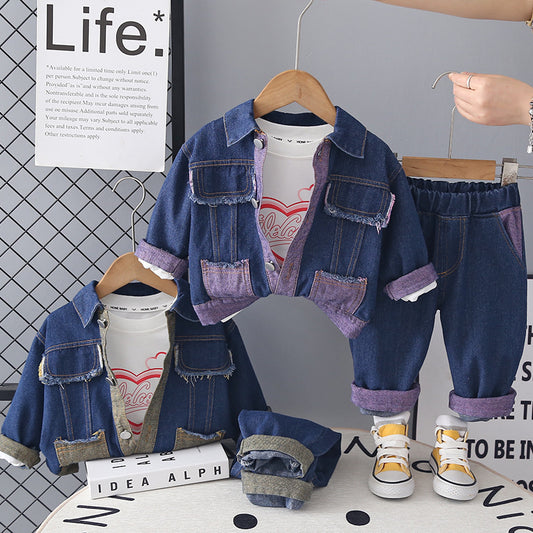 Girls' and Autumn Baby Outfit 2026 New Style Children's Square Pocket Denim Three-Piece Set Fashionable Spring Clothes Wholesale