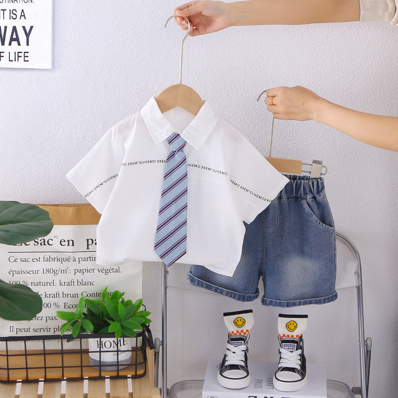 Boys' Outfit 2026 New Style Children's Summer Twill Tie Short Sleeve Shirt Two-Piece Set Baby Clothes Trendy