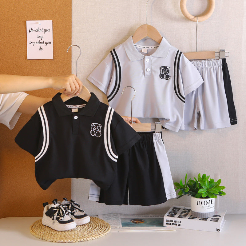 Boys' Outfit 2026 New Fashionable Little Bear Color-Block Short Sleeve Set for 1-4 Year Old Boys Summer Clothing