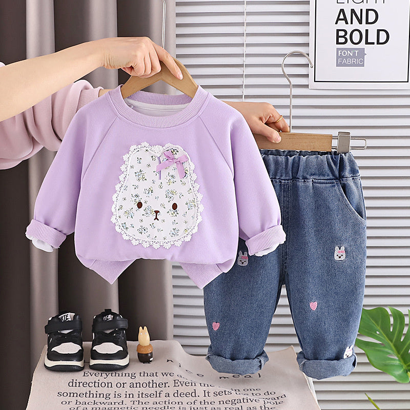Girls' Stylish Fashionable Autumn Outfit Set 2026 New Baby Spring/Autumn Floral Bunny Sweatshirt Infant Long Sleeve