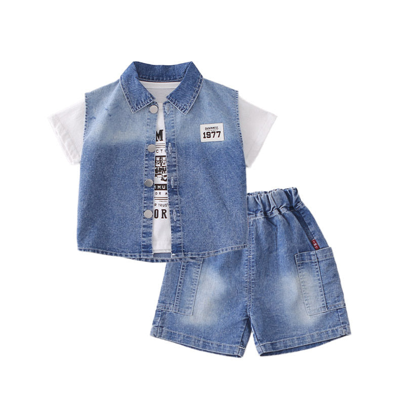 Boys' Summer Denim Vest Short Sleeve Set 2-4 Year Old Boys, 2026 New Fashionable Style for Infants and Toddlers