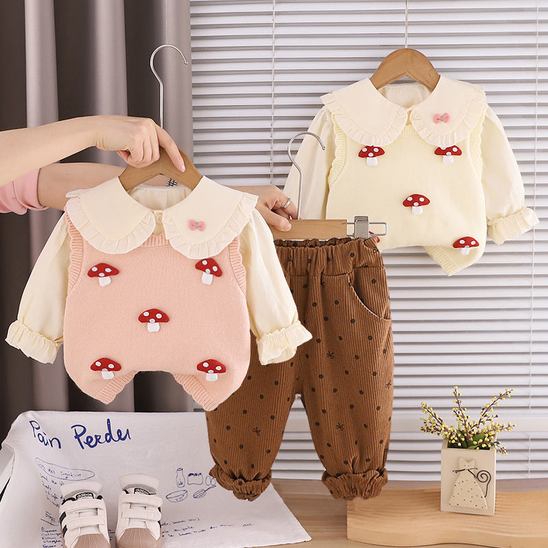 Girls' Outfit 2026 New Fashionable Little Mushroom Sweater Three-Piece Set Baby Spring Trendy Casual Clothes