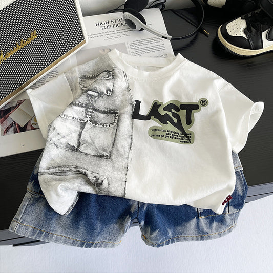 2026 Summer New Foreign Trade Style Boys' Round Neck Short Sleeve Baby Boy's Casual Denim Shorts Two-Piece Set, Dropshipping Available
