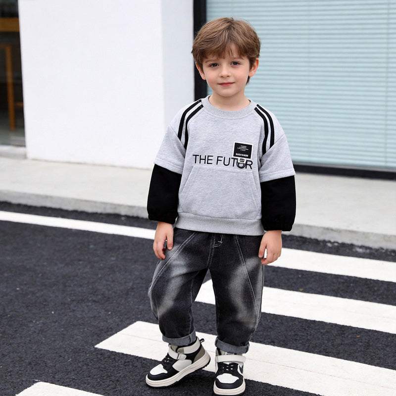 Boys' Round Neck Pocket Sweatshirt 2026 New Spring and Autumn Style Children's Casual Sports Two-Piece Set