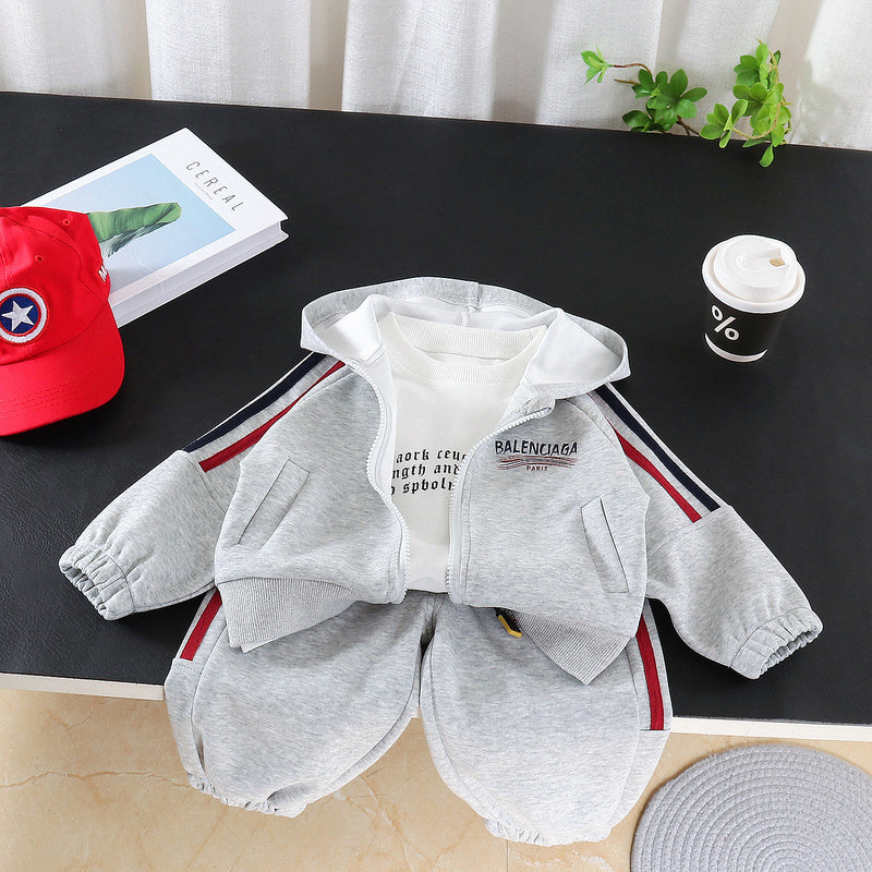 Boys' Autumn Outfit, New Spring Style for Baby Boys, Casual and Stylish Children's Clothing, Three-Piece Set with Colorful Stripes on the Shoulders