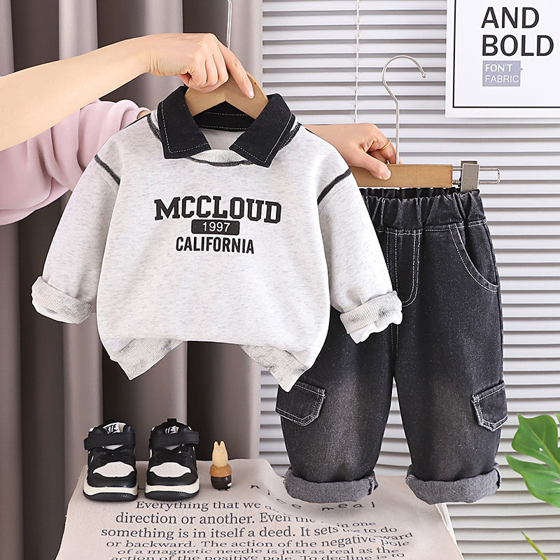 Boys' Outfit 2026 New Fashionable Children's Letter Print Turn-down Collar Long Sleeve Spring and Autumn Two-piece Set Trendy