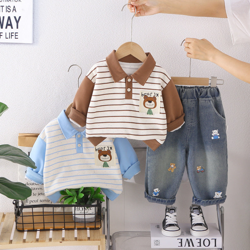 Korean-style baby autumn outfit 2026 new model boys' striped bear sweatshirt infant children's clothing two-piece set