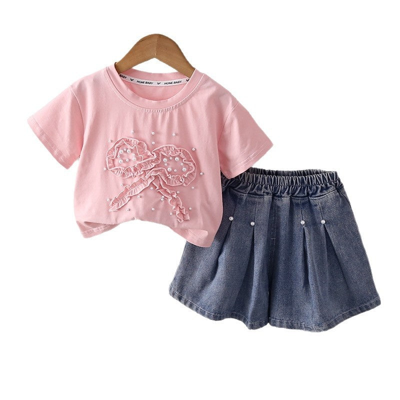 Girls' Stylish Outfit 2026 Summer New Korean Version with Ruffled Bowknot Lace and Pearl Short Sleeve Two-Piece Set for Babies