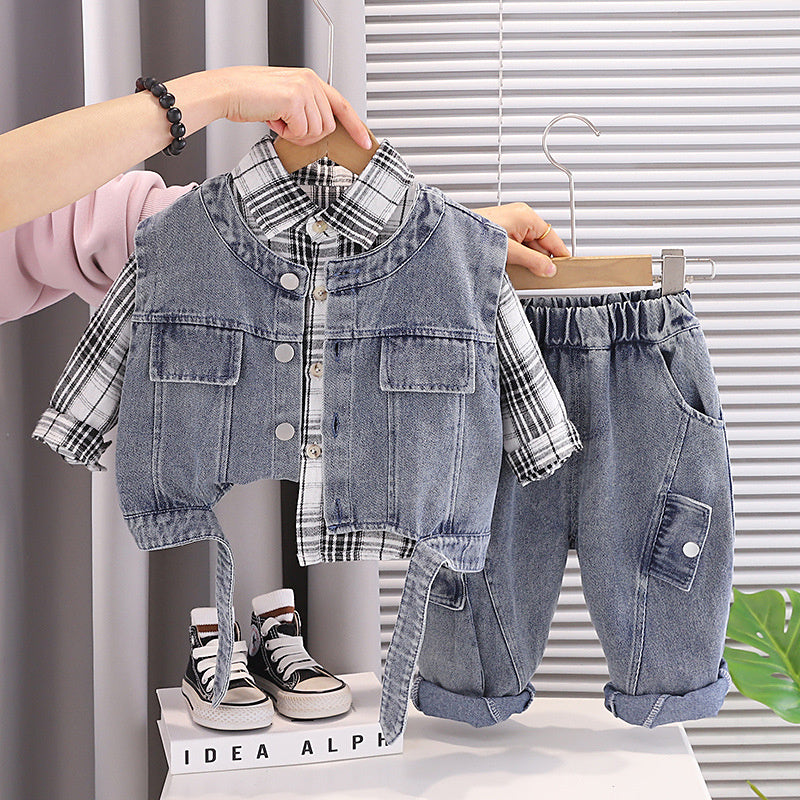 Boys' and Autumn Outfit 2026 New Fashionable Children's Spring Clothing Baby Trendy Denim Vest Three-Piece Set
