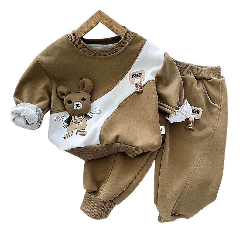 Baby Boy and Autumn 2026 New Fashionable Bear Sweatshirt Spring Cartoon Long Sleeve Two-Piece Set