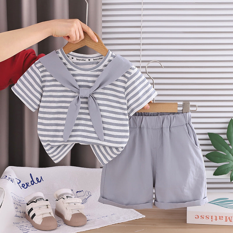 Boys' Outfit 2026 New Fashionable Toddler Summer Round Neck Striped Shawl Short Sleeve Thin Clothing