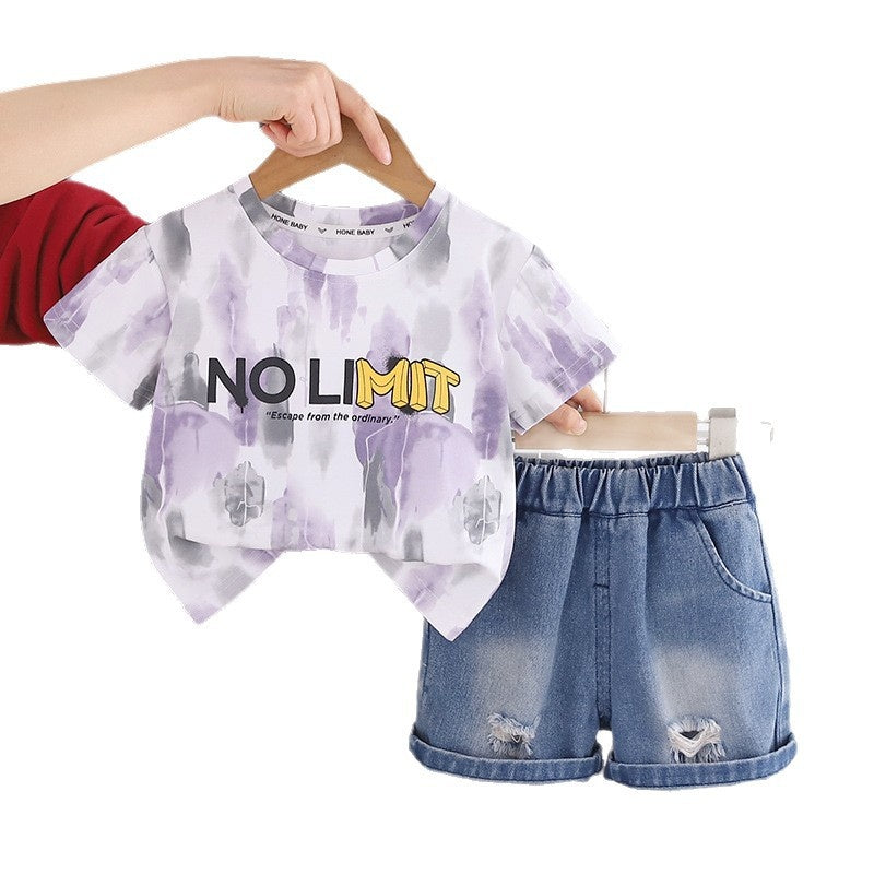 Boys' Stylish Denim Suit New Style for 1-3 Year Olds, Children's Summer Clothes, Short-Sleeved Two-Piece Set