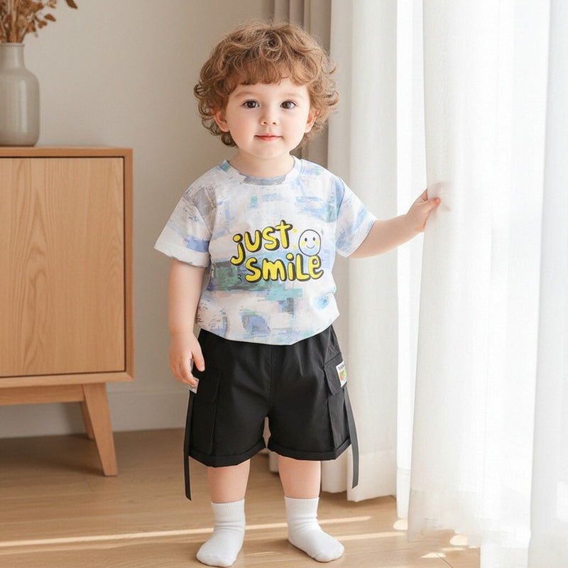 Boys' Outfit 2026: Stylish Baby Round Neck Short Sleeve Fashionable Summer Thin Smiley Face Graffiti Two-Piece Set Trendy