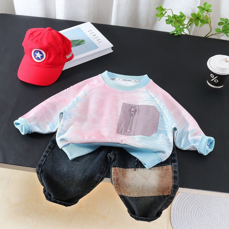 Baby Autumn Colorful Tie-Dye Sweatshirt 2026 New Model Boys' Spring Long-Sleeve Two-Piece Set for 1-3 Year Olds and 5-Year-Olds