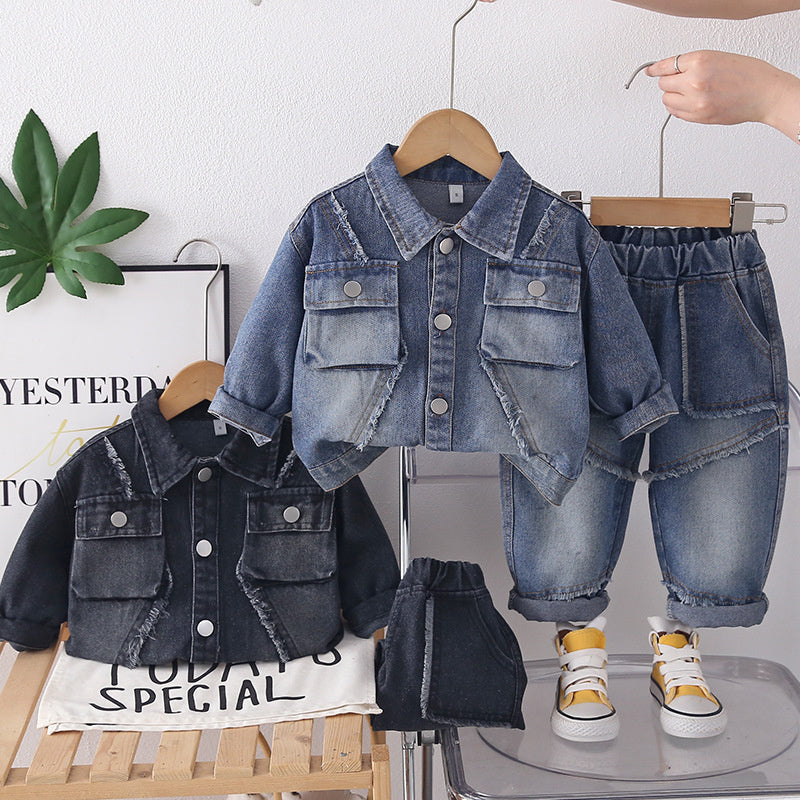 Boys' Suit 2026 New Spring and Autumn Fashionable Children's Stylish Baby Fall Three-Dimensional Frayed Edge Denim Two-Piece Set