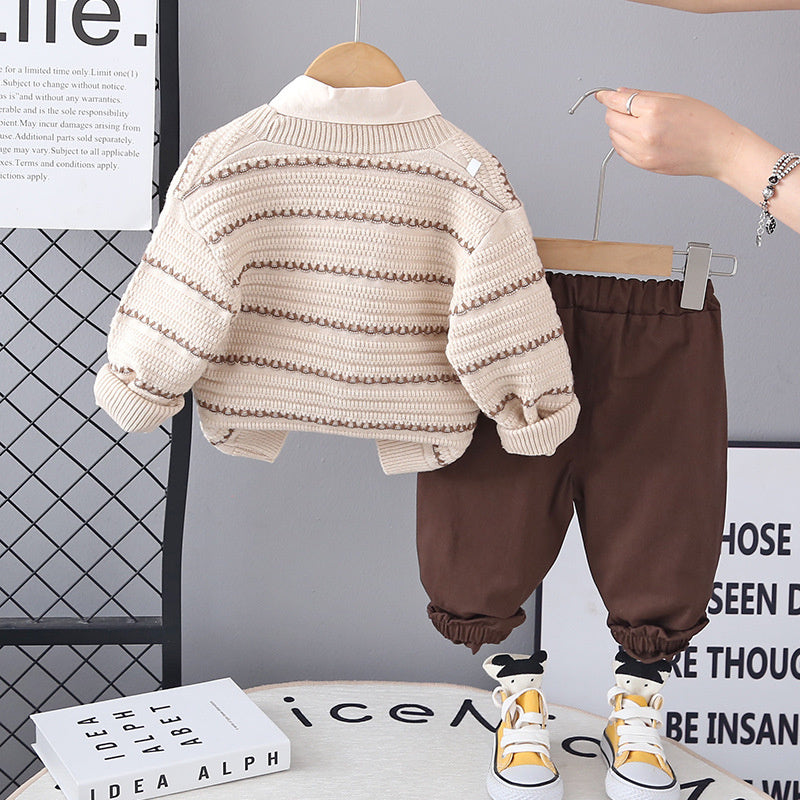 Spring and 2025 New Children's Clothing Baby Wave Sweater Three-Piece Set Boys' Autumn Clothes