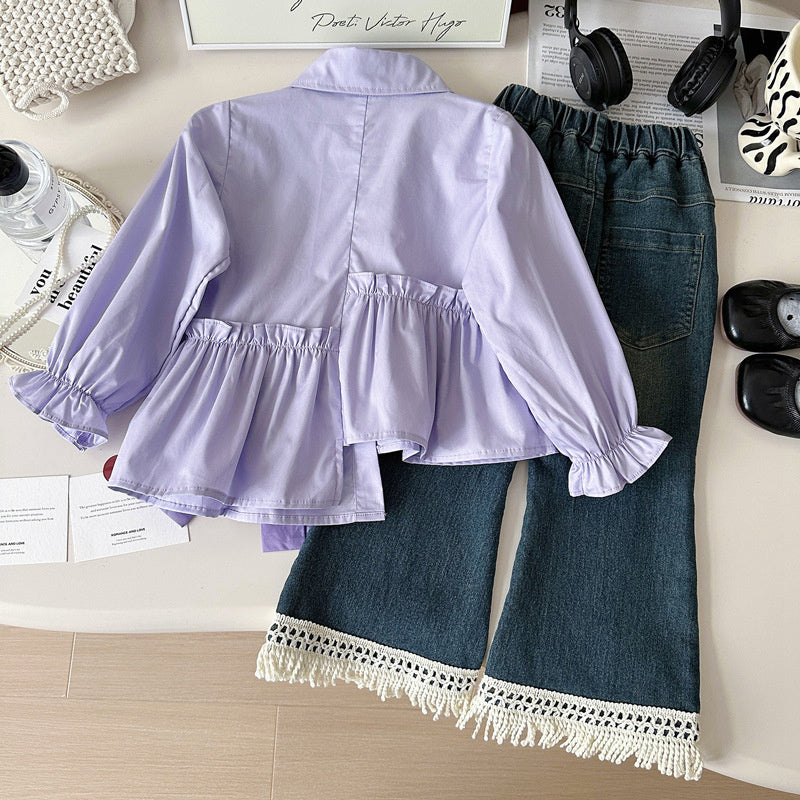 Girls' Spring Outfit 2025 New Korean Style Fashionable Long Sleeve Shirt and Denim Flared Pants Two-Piece Set Trendy