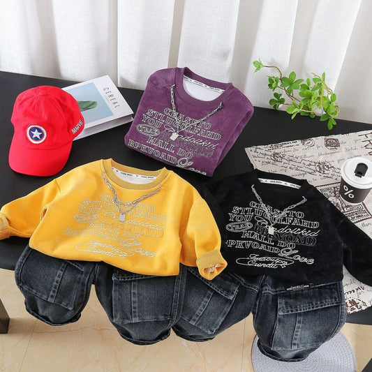 Boys' Spring Autumn Outfit 2026 New Fashionable Children's with English Print Sweatshirt and Korean Style Long Pants Two-Piece Set