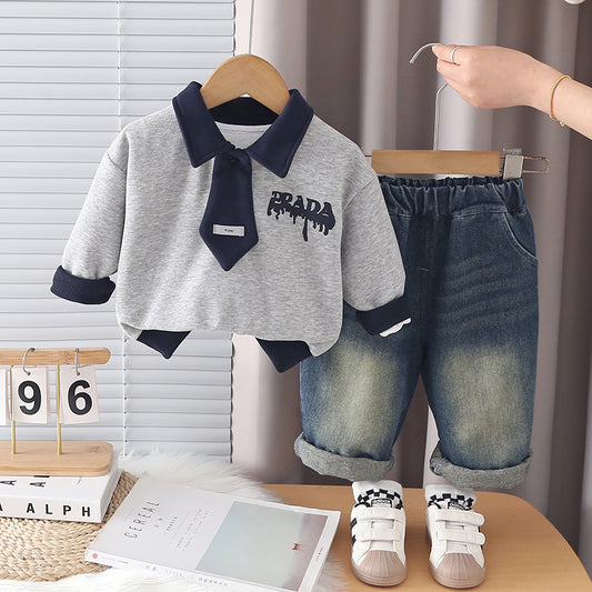 Boys' Outfit 1-4 Year Olds, Fashionable Clothes for Babies, Stylish Spring Autumn Infant Two-Piece Set with Tie and English Print