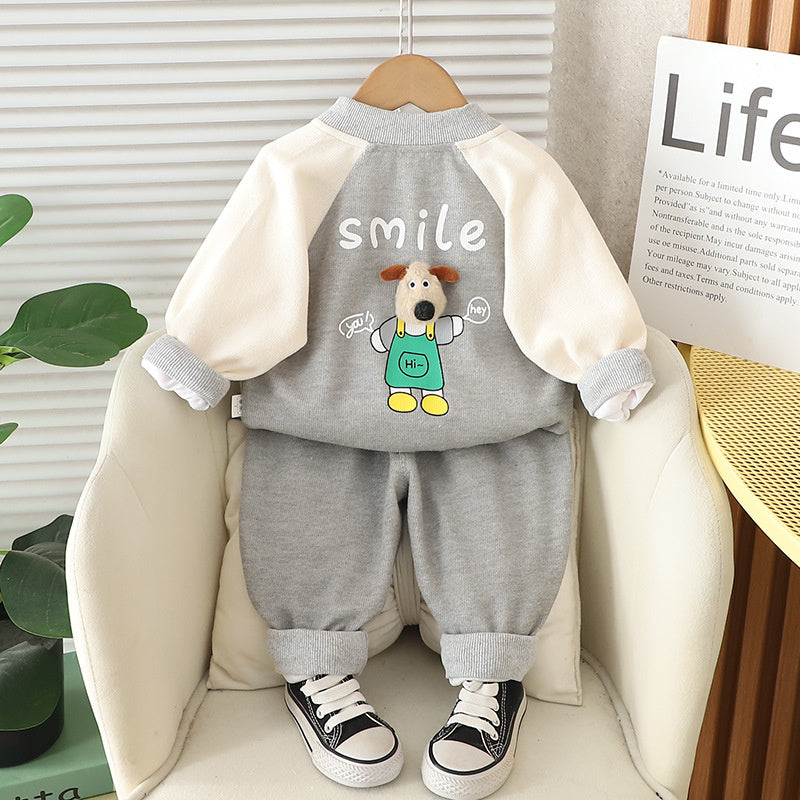 Boys' Outfit 2025 New Children's Cute Apron Puppy Three-Piece Set for 1 to 3 Years Old Baby Spring and Autumn