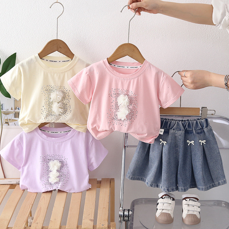 Outfit 2026 New Fashionable Children's Clothing with Rhinestones Short Sleeve Baby Girl Summer Two-Piece Set
